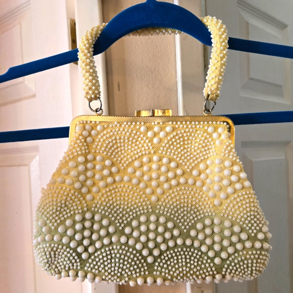Vintage purse with pearl details, yellow and sage.